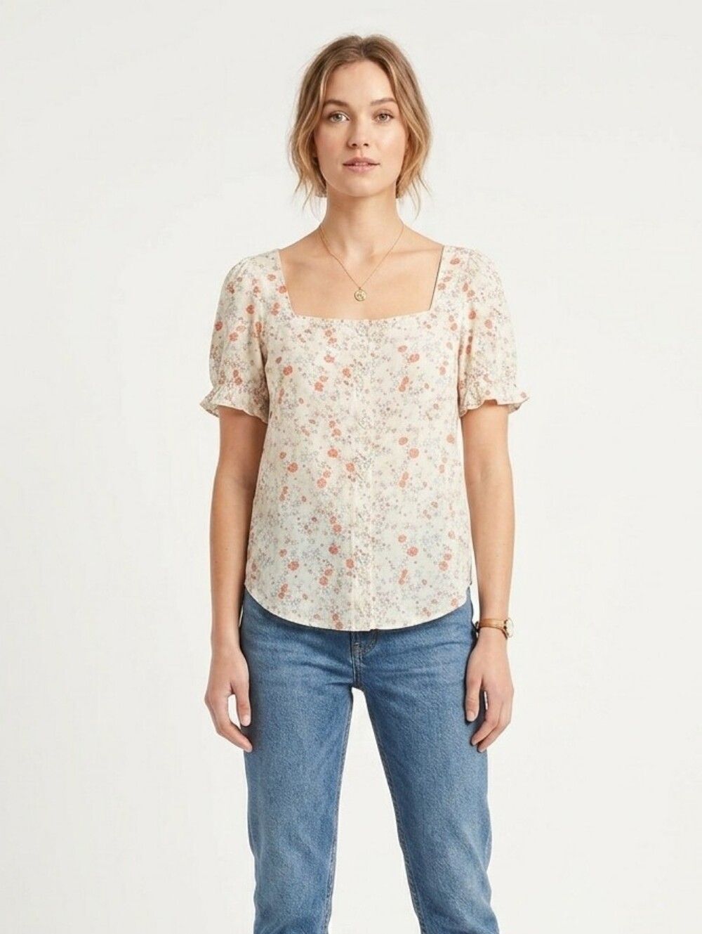Elodie XS Rayon Floral Square Neck Puff Sleeve Button Up Blouse Top Cottagecore